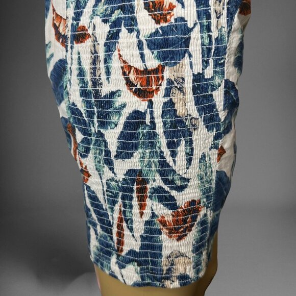 Robin K Sheath Mini Dress Medium White Blue Linen-Cotton Lined Wide Straps Leave - Picture 9 of 16